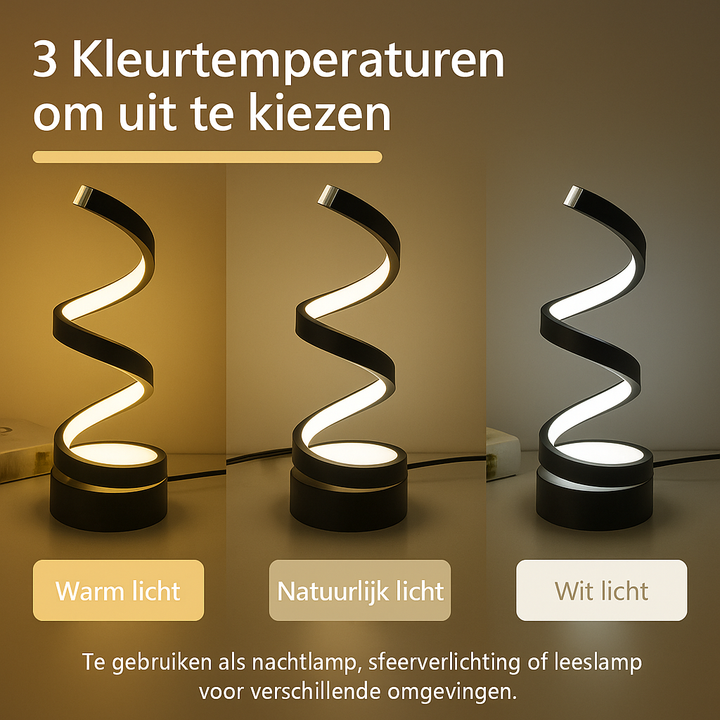 Stylish modern spiral LED table lamp. Dimmable ambient light for a bedroom or office desk. Black finish.