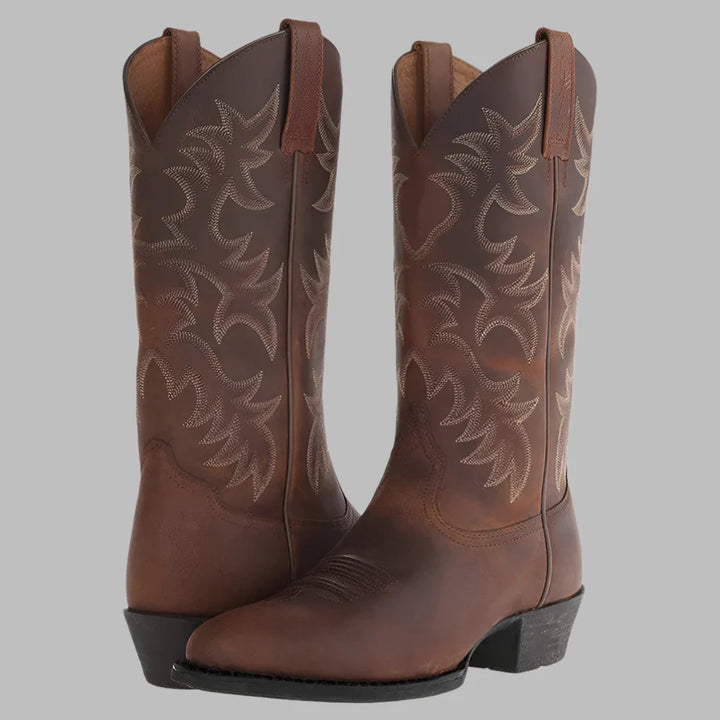 Men's modern cowboy boots for rugged style & everyday comfort. Dark brown leather, pull-on, western ankle boot design.