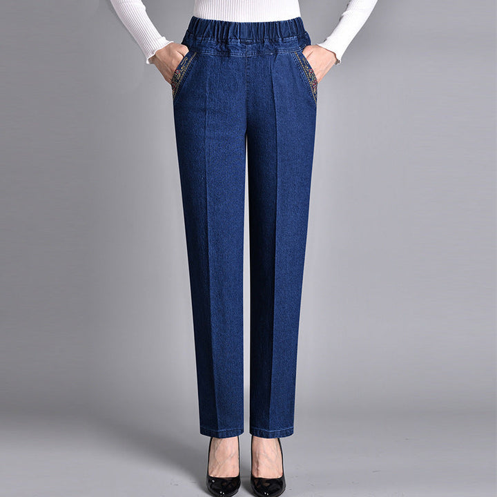 Stylish straight leg women's jeans featuring an elastic waist and functional side pockets for comfort.