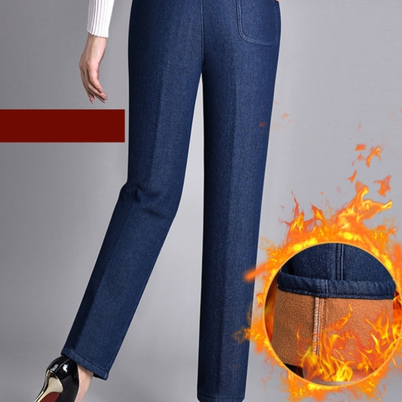 Women's stylish casual jeans; stretch fabric, elastic waist, and straight leg for all-day comfort.