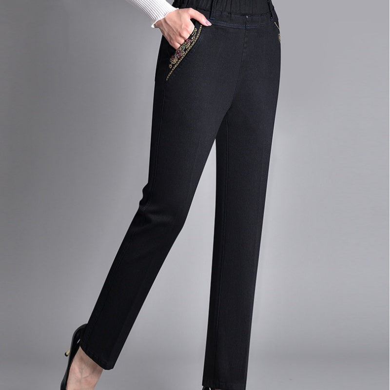 Soft, comfortable women's stretch jeans; elastic waist and straight leg offer versatile casual style.