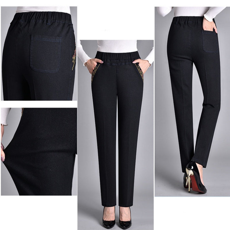 Modern women's straight leg jeans, featuring a comfortable elastic waist and convenient side pockets.
