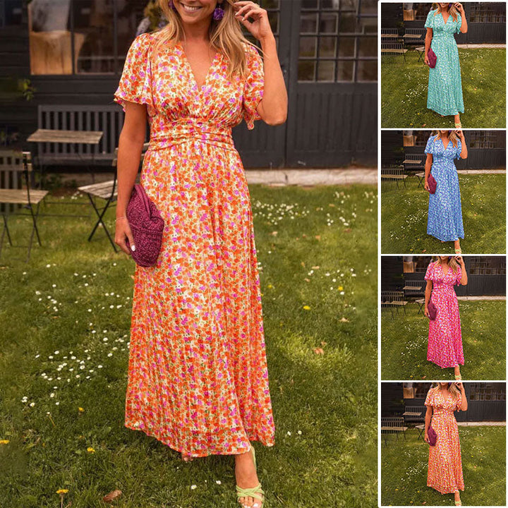 Comfortable women's V-neck maxi dress, an elegant long dress suitable for various occasions.