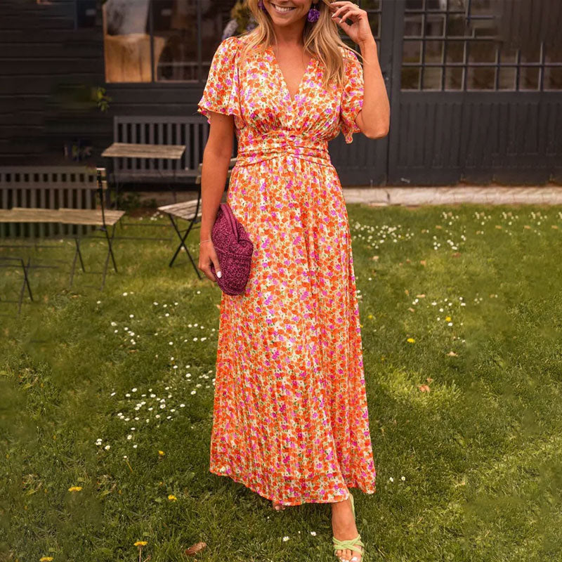 Elegant women's V-neck maxi dress, perfect for sophisticated occasion wear & summer parties.