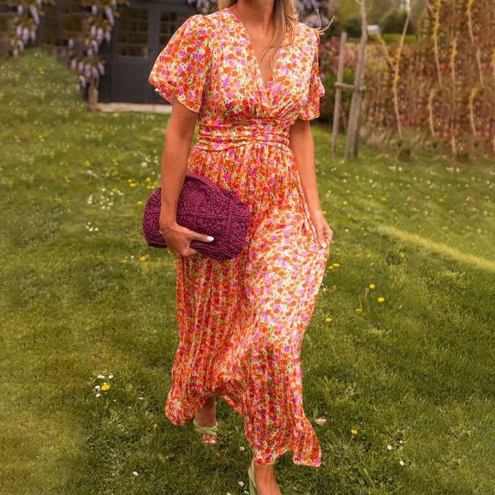 Sophisticated V-neck maxi dress, a chic long summer dress for elegant party wear.