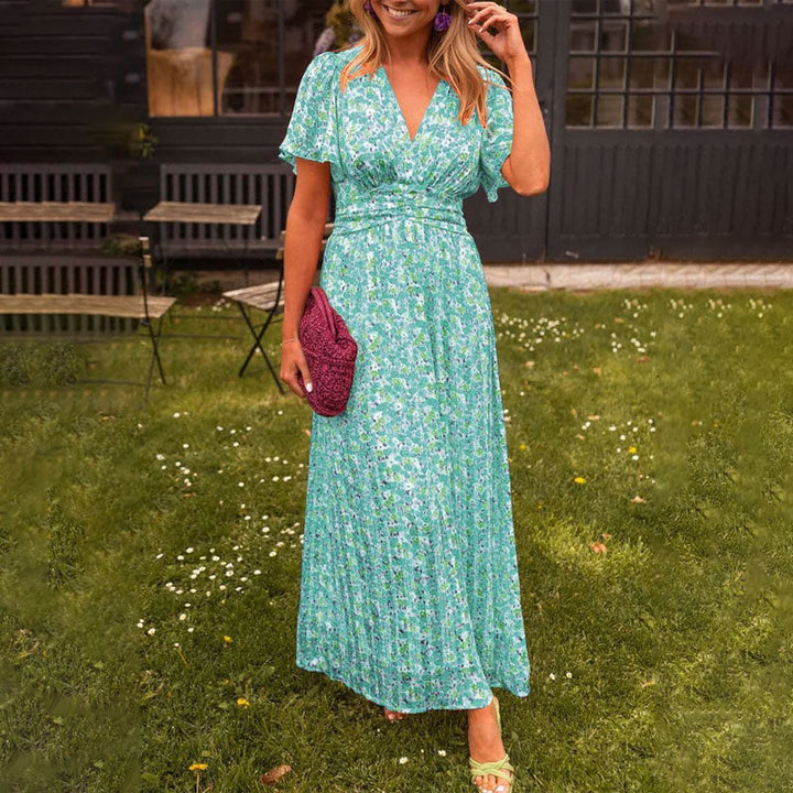 Long women's V-neck maxi dress, a versatile and elegant option for casual to formal wear.