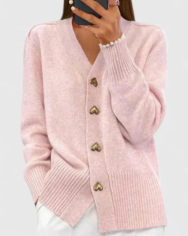Versatile women's elegant cardigan for casual chic. Layering long sleeve top with charming heart buttons.