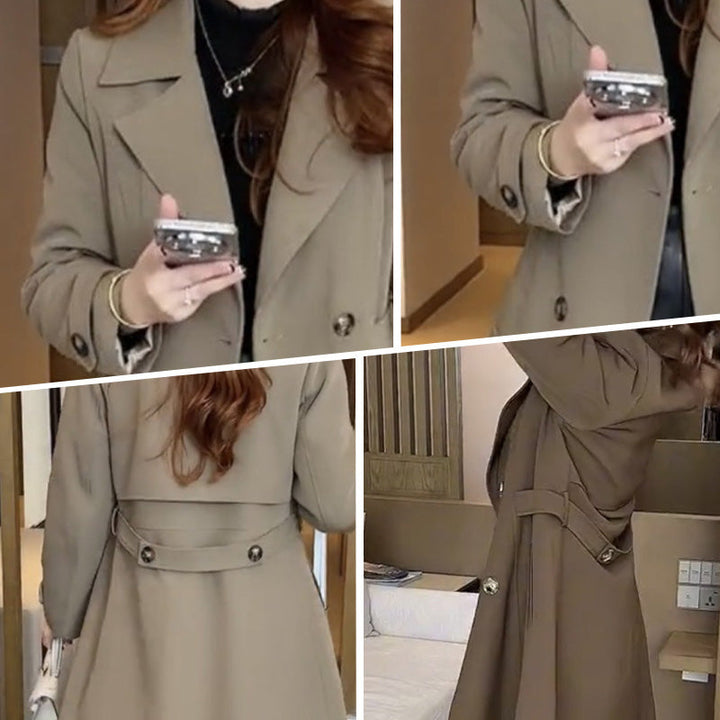 Elegant women's long trench coat, a stylish warm overcoat for winter & fall fashion.