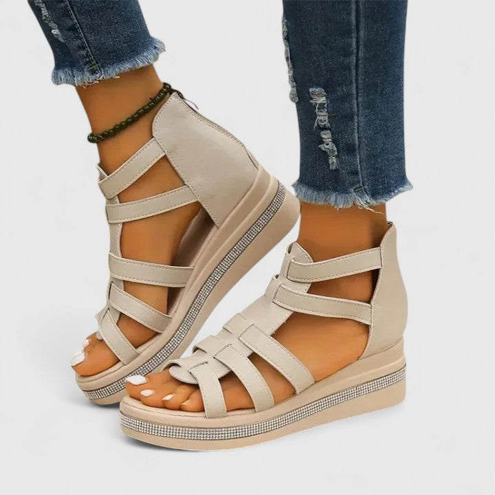 Women's orthopaedic wedge sandals with strass for stylish comfort. Perfect summer holiday footwear.