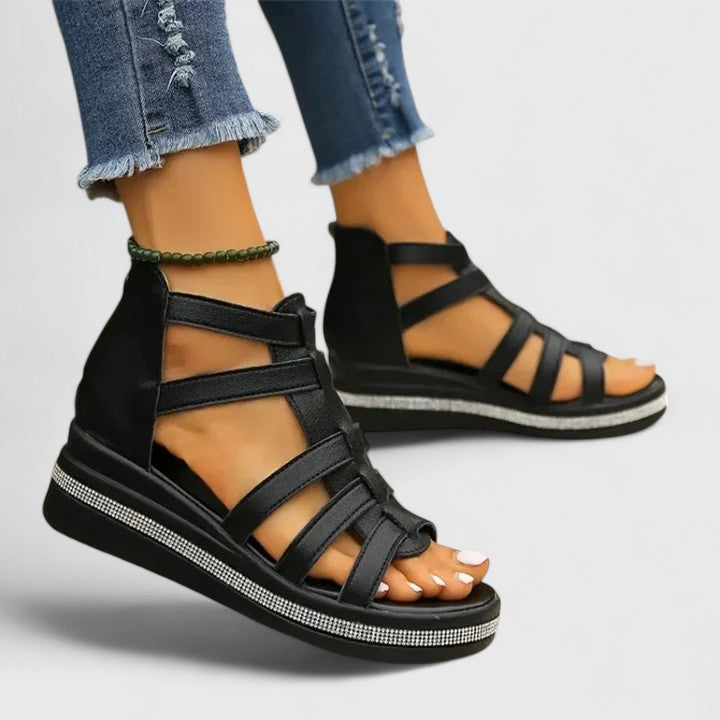 Elegant women's rhinestone strass sandals, orthopaedic wedge for comfortable, breathable summer wear.