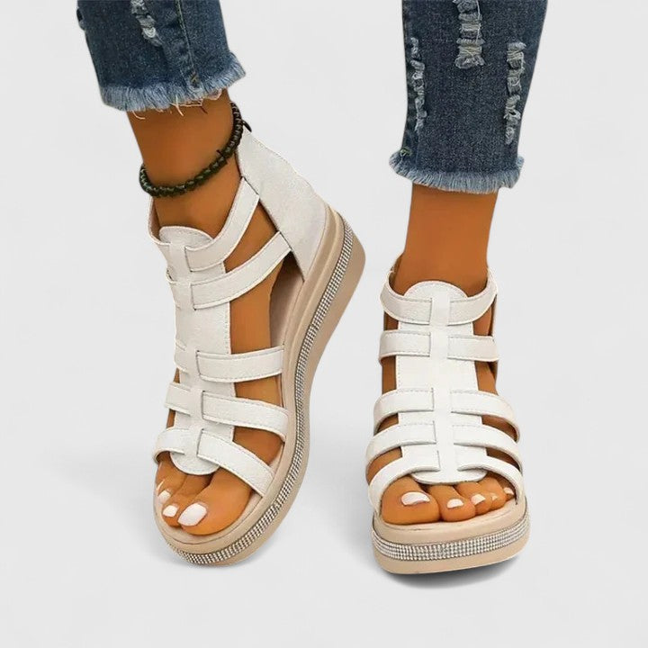 Stylish women's strass sandals with orthopaedic comfort, ideal wedge holiday shoes for summer elegance.