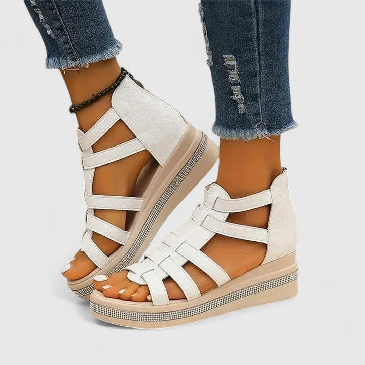 Comfortable women's orthopaedic wedge sandals with sparkling rhinestone strass for summer style.