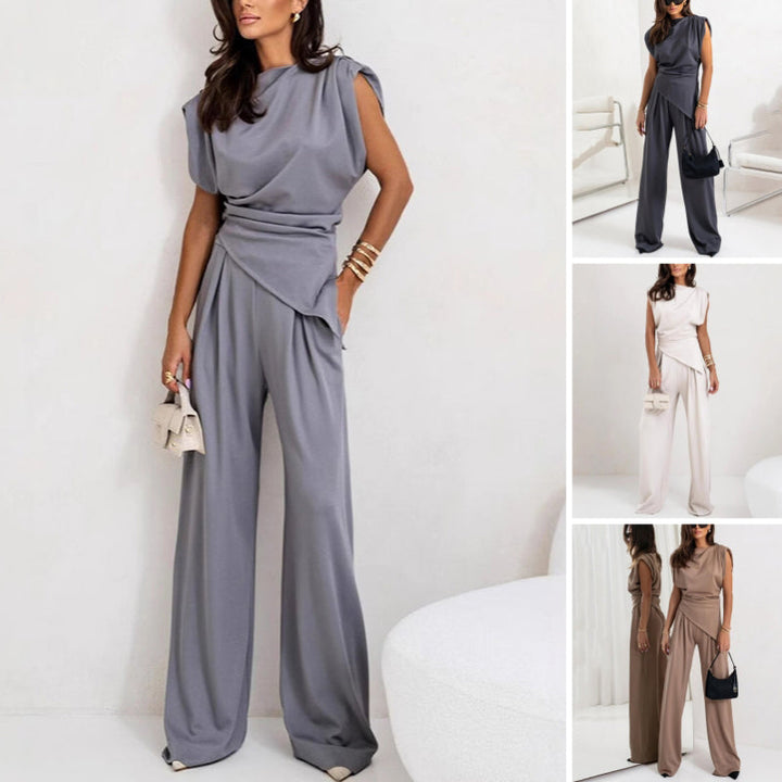 Sophisticated women's sleeveless set with wide-leg pants, perfect for a minimalist summer wardrobe.