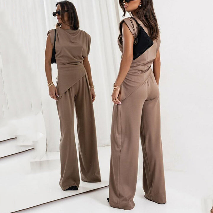 Fashionable women's co-ord set: sleeveless top and wide-leg trousers. Perfect elegant summer attire.