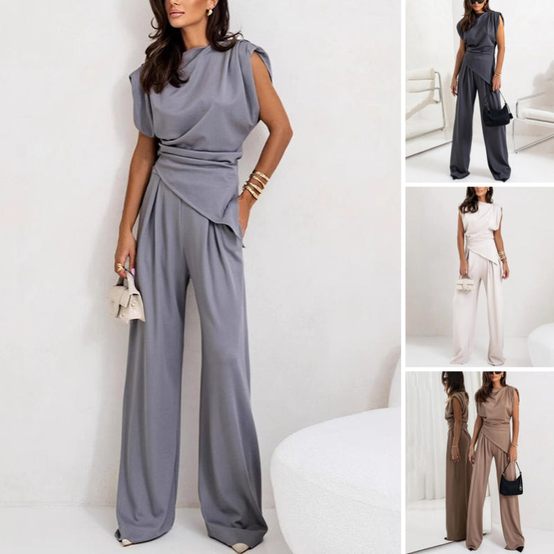 Women's elegant draped top & wide-leg trousers two-piece set. Chic, versatile, perfect for summer fashion.