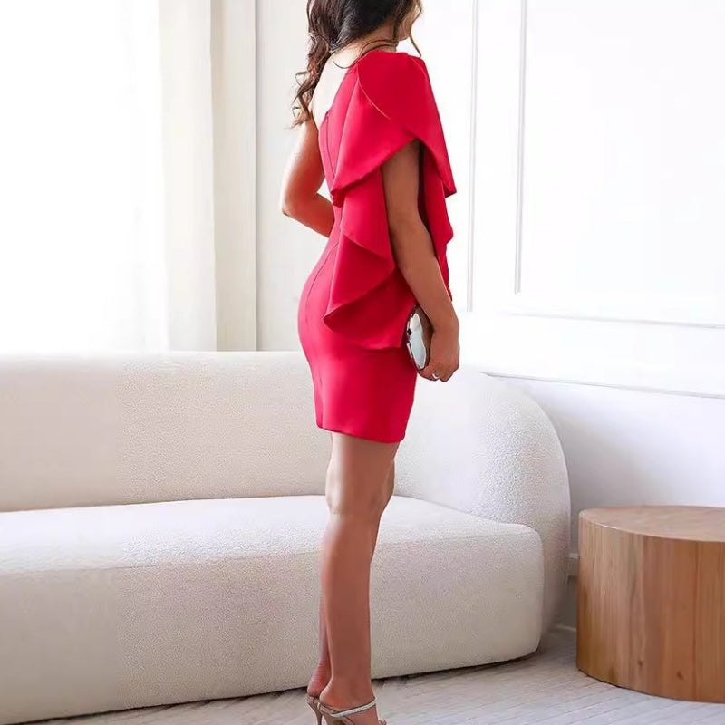 Chic bodycon one-shoulder mini dress with ruffles & asymmetric hem, ideal for cocktail parties & formal events.