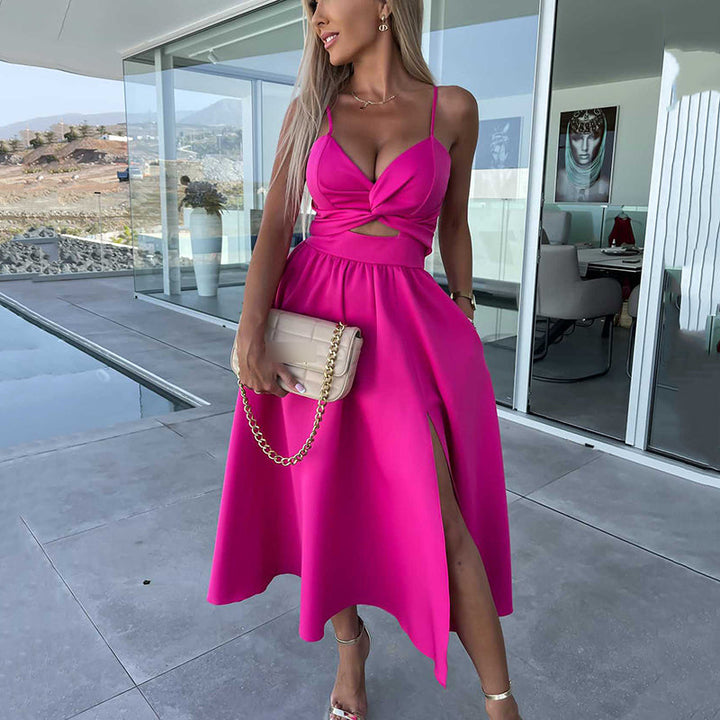 Elegant women's spaghetti strap midi dress with a high slit, perfect for parties & evening wear.