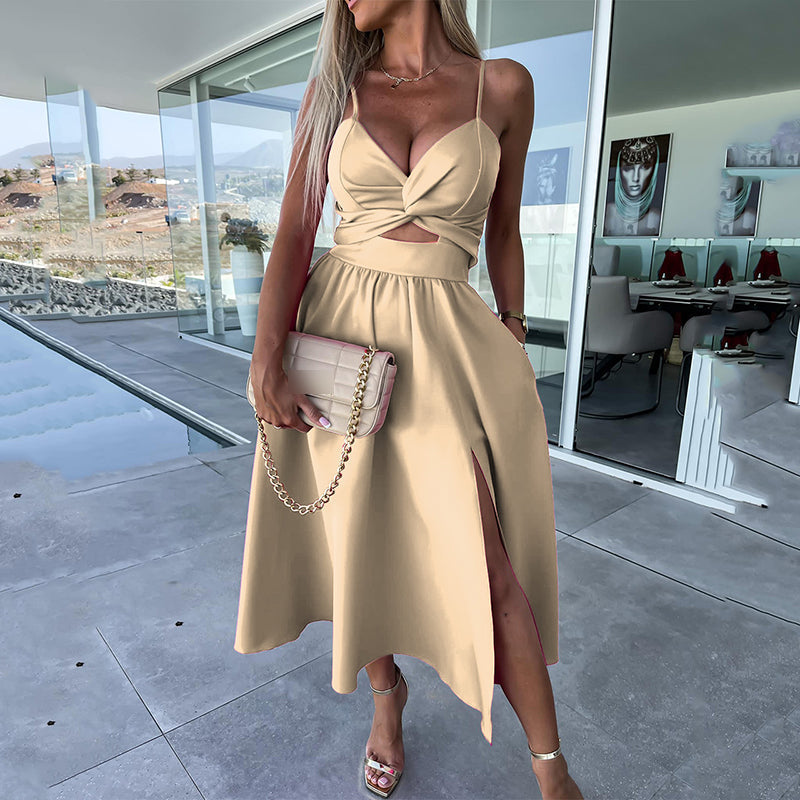 Party-ready women's midi dress with spaghetti straps and a sexy high slit for a memorable night out.