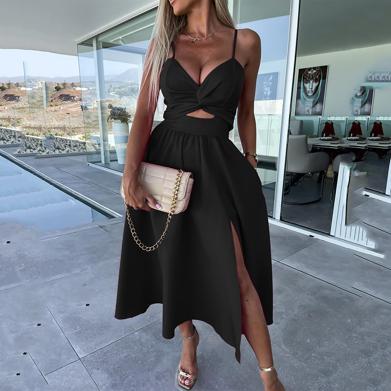 Timeless women's spaghetti strap cocktail dress, midi length with an elegant high slit detail.