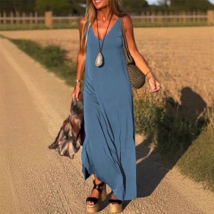 Elegant women's formal V-neck maxi dress, showcasing a beautiful flowing design for events.