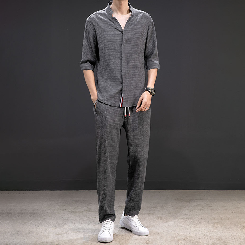 Men's V-neck linen blend shirt paired with comfortable drawstring pants, a relaxed fit two-piece outfit set.