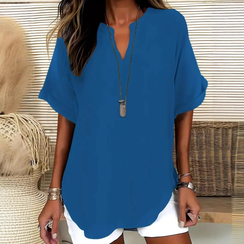 Comfortable mid sleeve V-neck blouse for women, perfect for spring/summer daily outfits.