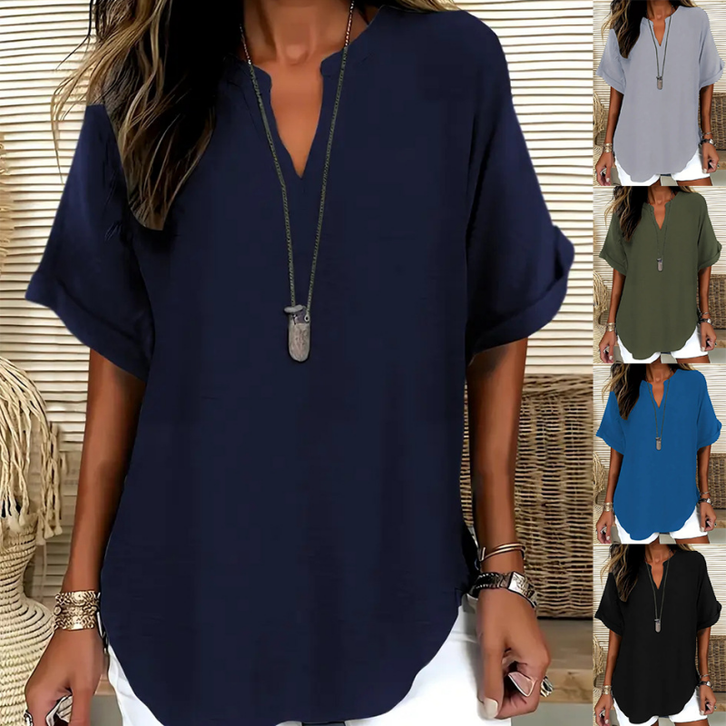 Women's stylish mid sleeve V-neck blouse, elegant & versatile for casual chic or office wear.
