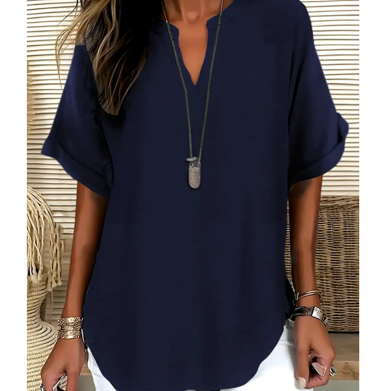 Comfortable women's mid sleeve V-neck blouse, an elegant spring/summer top for versatile fashion.