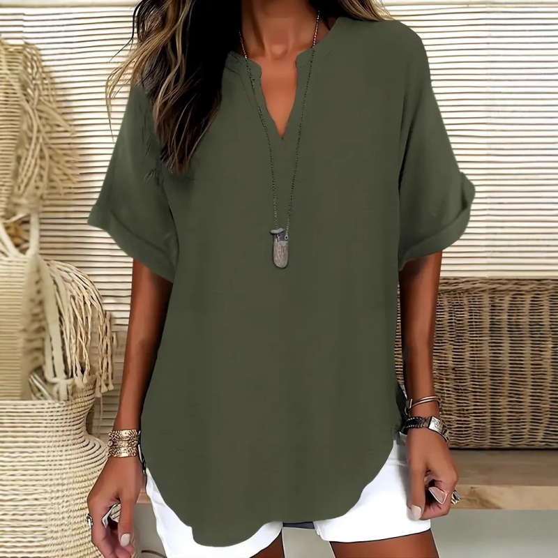 Stylish V-neck mid sleeve blouse for women, ideal for office wear or elegant casual daily outfits.