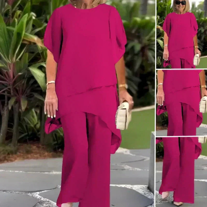 Comfortable women's loungewear set; relaxed wide-leg pants & stylish layered top. Versatile chic ensemble.