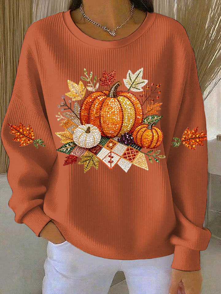 Women's relaxed fit autumn sweatshirt with festive pumpkin graphic, ideal for cozy fall casual wear.