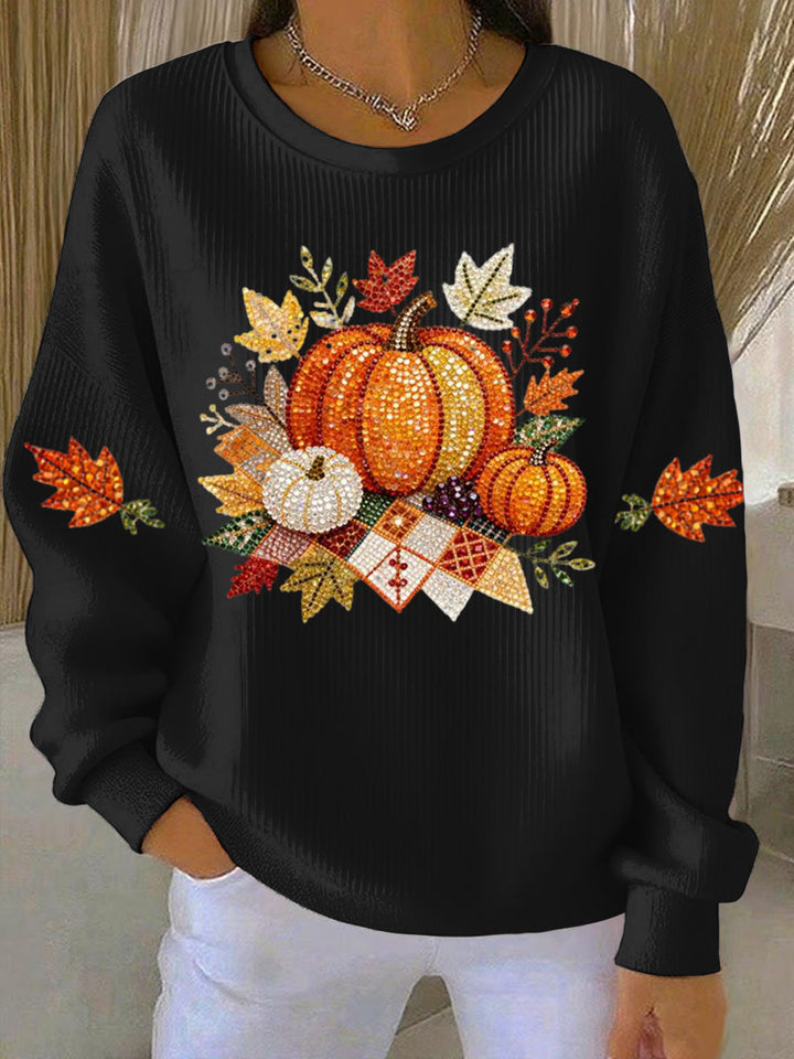 Seasonal women's round neck sweatshirt featuring a charming pumpkin graphic, ideal for festive fall outfits.