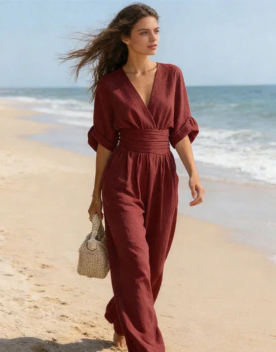 Versatile women's wide-leg jumpsuit, chic wrap style for both casual and elegant wear.