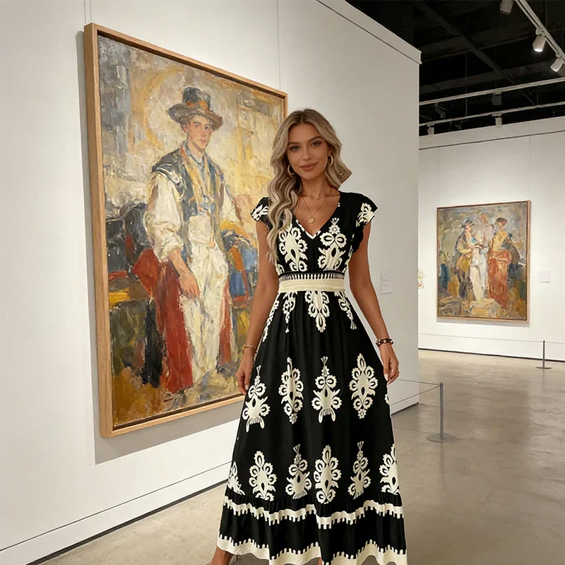 Elegant women's flared midi dress with V-neck and embroidery, a stylish summer day dress.