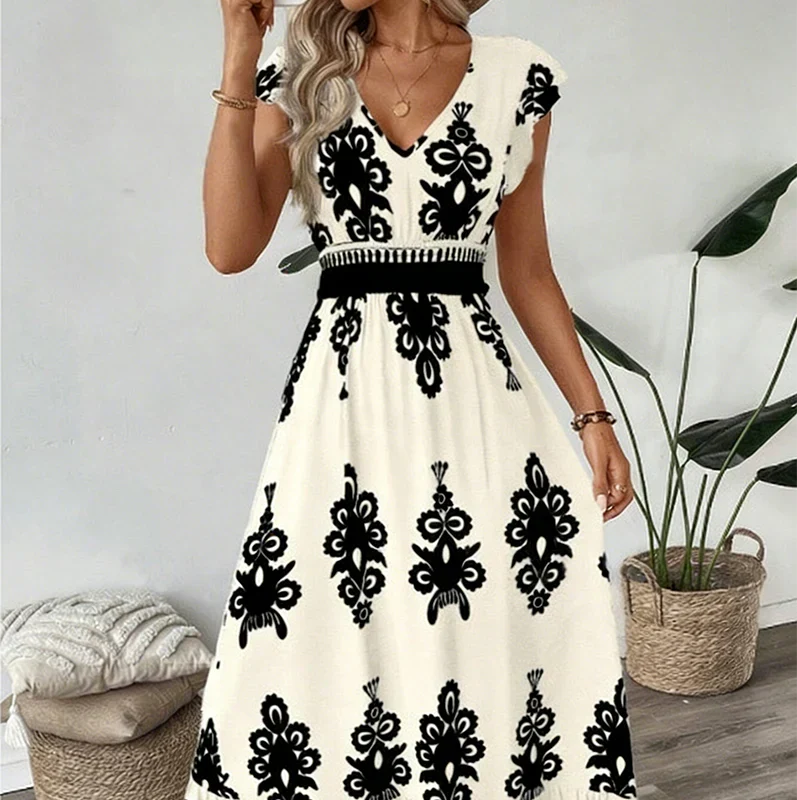 Side view of women's elegant embroidered summer midi dress, V-neck, flared silhouette.