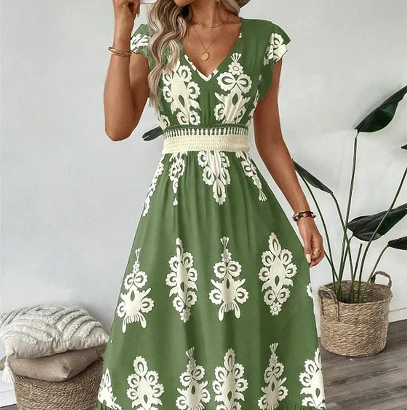 Navy blue embroidered women's summer midi dress, V-neck, flared, elegant for day and occasions.