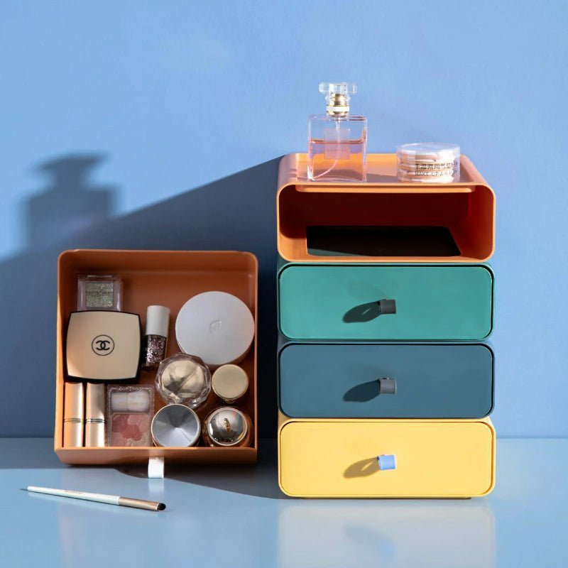 Modern stackable storage boxes with drawer for organized home office. Stylish desk organizer solution.
