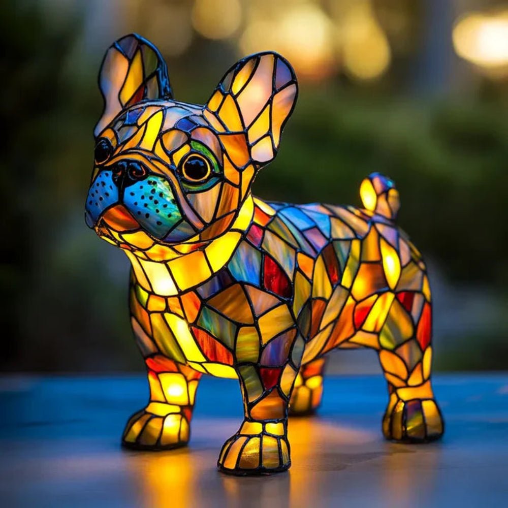 Stained glass dog table lamp in Tiffany style, artistic home decor, perfect for dog lovers.