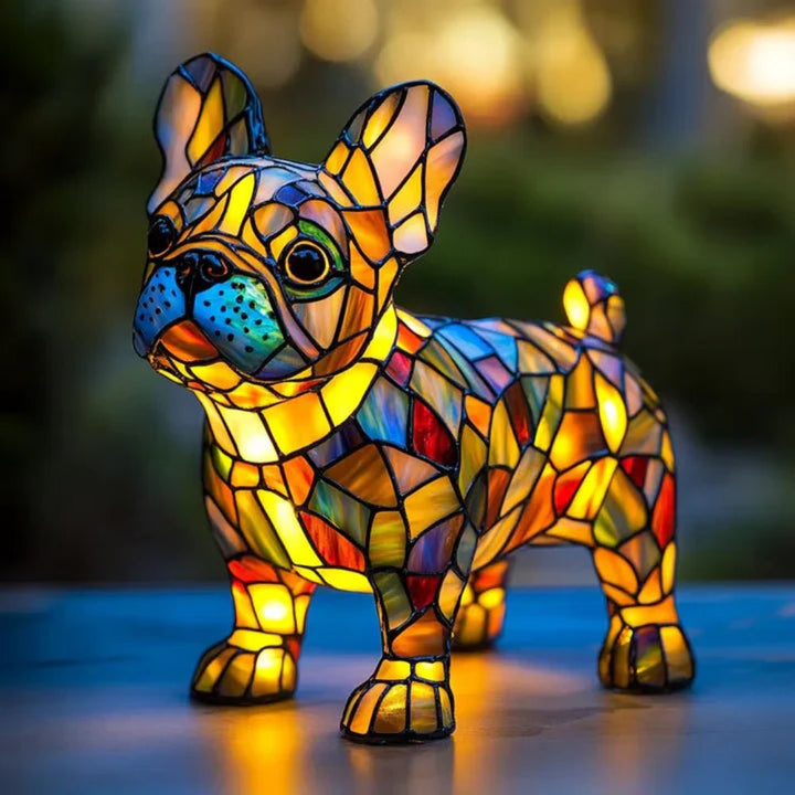 Stained glass dog table lamp in Tiffany style, artistic home decor, perfect for dog lovers.