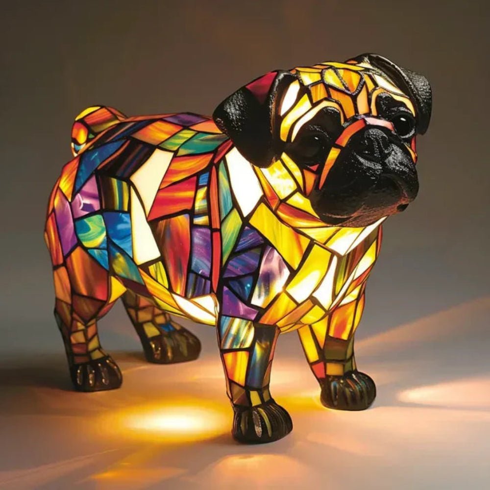 Colorful stained glass dog-shaped table lamp, Tiffany style, provides artistic lighting & charming pet decor.