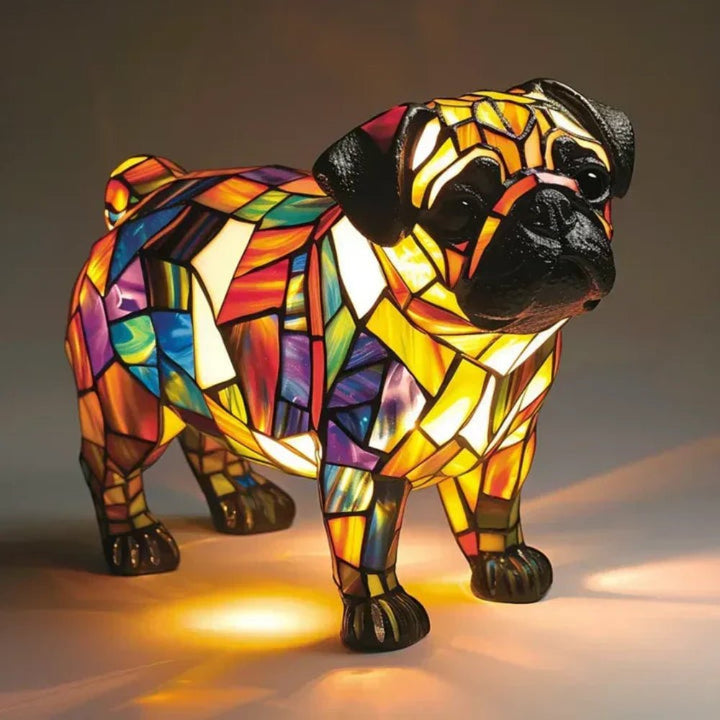 Colorful stained glass dog-shaped table lamp, Tiffany style, provides artistic lighting & charming pet decor.