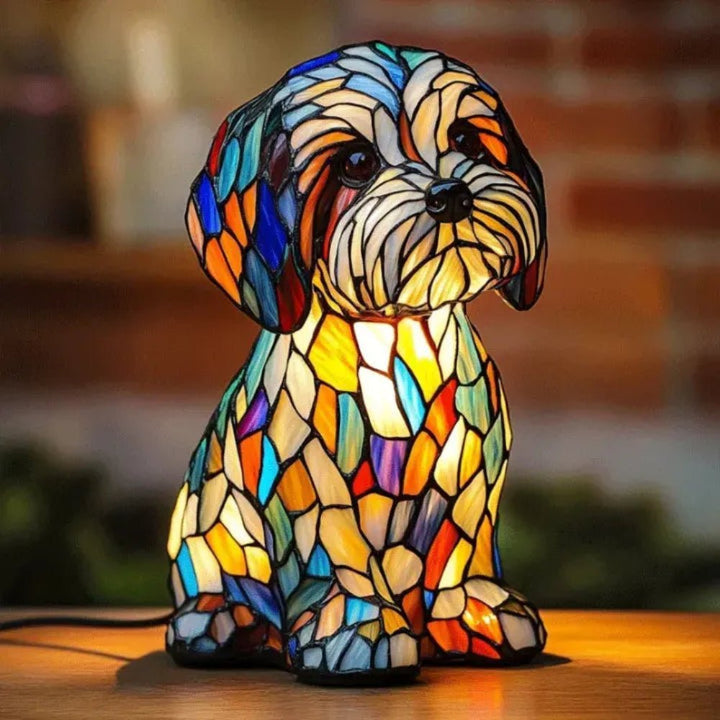 Unique stained glass dog lamp, a charming gift for dog lovers, adds pet decor and artistic lighting.