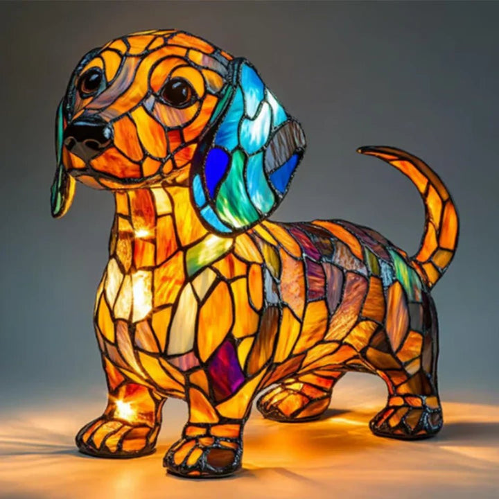Tiffany style stained glass dog table lamp, artistic pet decor, a beautiful home accent for any room.