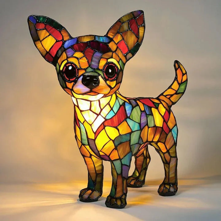 Vibrant stained glass dog table lamp with detailed design, provides warm artistic lighting for pet enthusiasts.