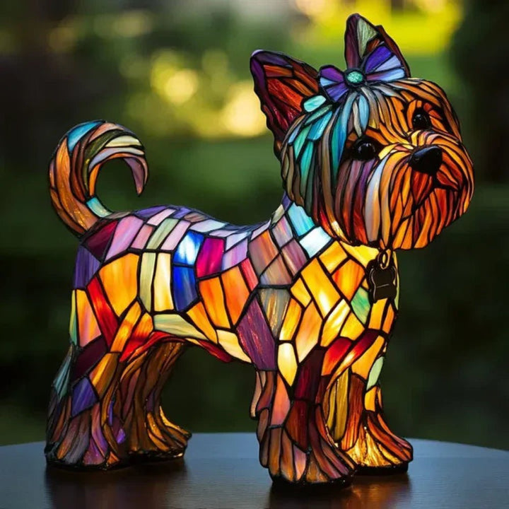 Elegant stained glass dog lamp, artistic table lighting, unique pet decor for living rooms & bedrooms.