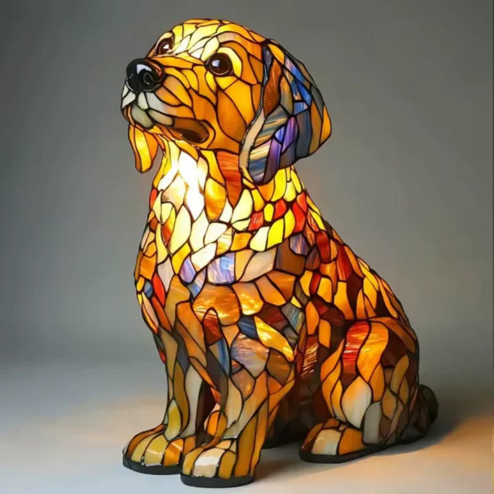 Handcrafted stained glass dog lamp, Tiffany style artwork, a beautiful pet-themed home accent & gift.