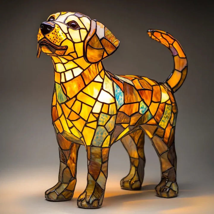 Whimsical stained glass dog lamp, brightens space with artistic lighting, perfect pet decor for dog owners.