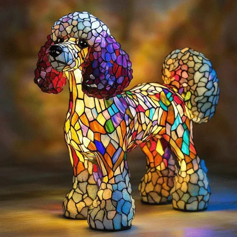 Decorative stained glass dog table lamp, Tiffany style artistry, a lovely pet decor piece and home accent.