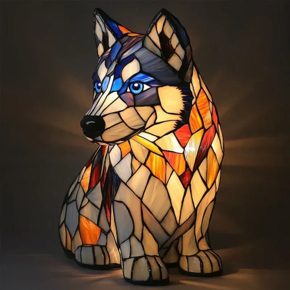 Artistic stained glass dog table lamp, Tiffany style, adds unique pet decor and ambient lighting to your home.