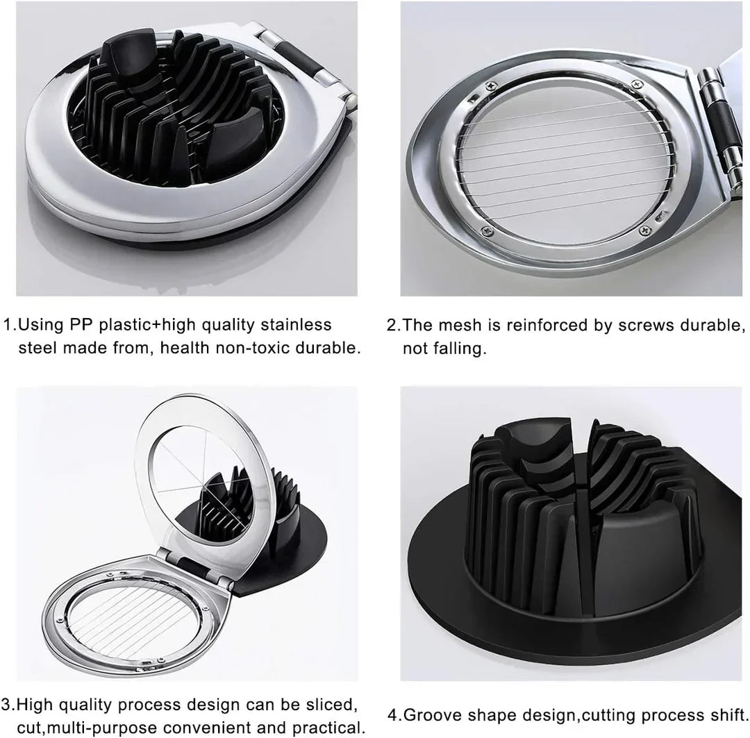 Stainless Steel 3-in-1 Egg Slicer with durable wires, ergonomic design; slices eggs, mushrooms, fruits easily for top present